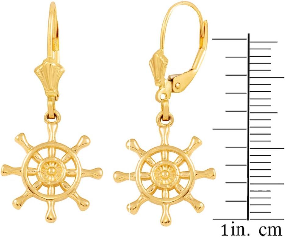 10k Yellow Gold Ships Wheel Nautical Leverback Earrings