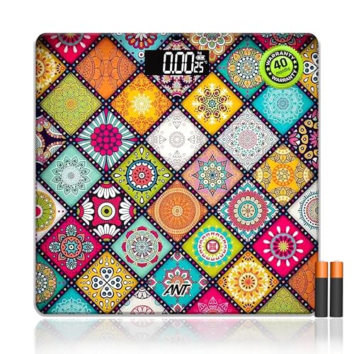 Image of Ant Flora New Mandala Digital Weighing Scale for Body Weight (Up to 180 kg), High Precision Sensors, Tempered Glass, LCD Display, Auto On /Off, Anti-Skid, Personal Fitness Scale with Battery Included