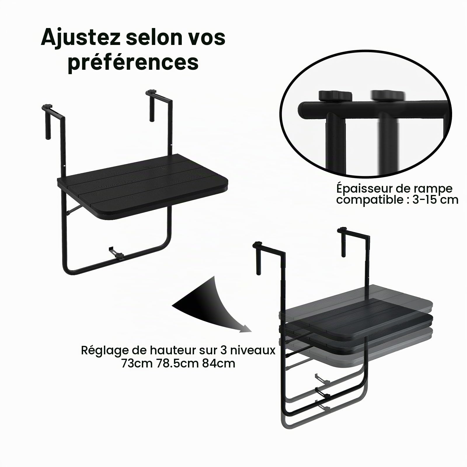 KOMFOTTEU Table Balcon Suspendue Pliable, 3 Hauteur réglable, Noir