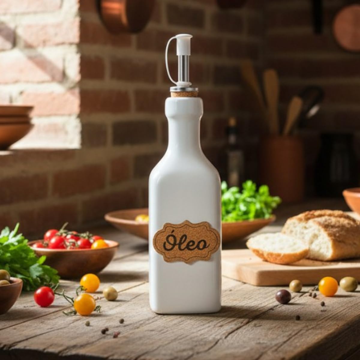 Galheteiro De Porcelana Branco Garrafa Porta Óleo Com Bico Dosador Inox Com Tampa Vedação