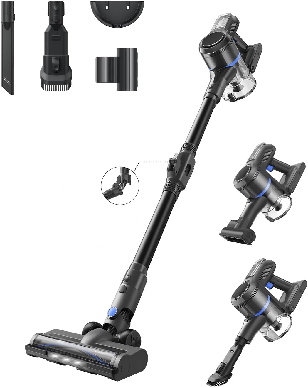 (Incomplete )MOVA J30 Cordless Vacuum Cleaner,144AW Powerful Suction, 180° Folding Tube Cleans Corners, 4-in-1 Stick Vacuum, 60Min Runtime, Anti-Tangle Brush with Lights, Deep Clean Pet Hair, Hard Floor, Carpet