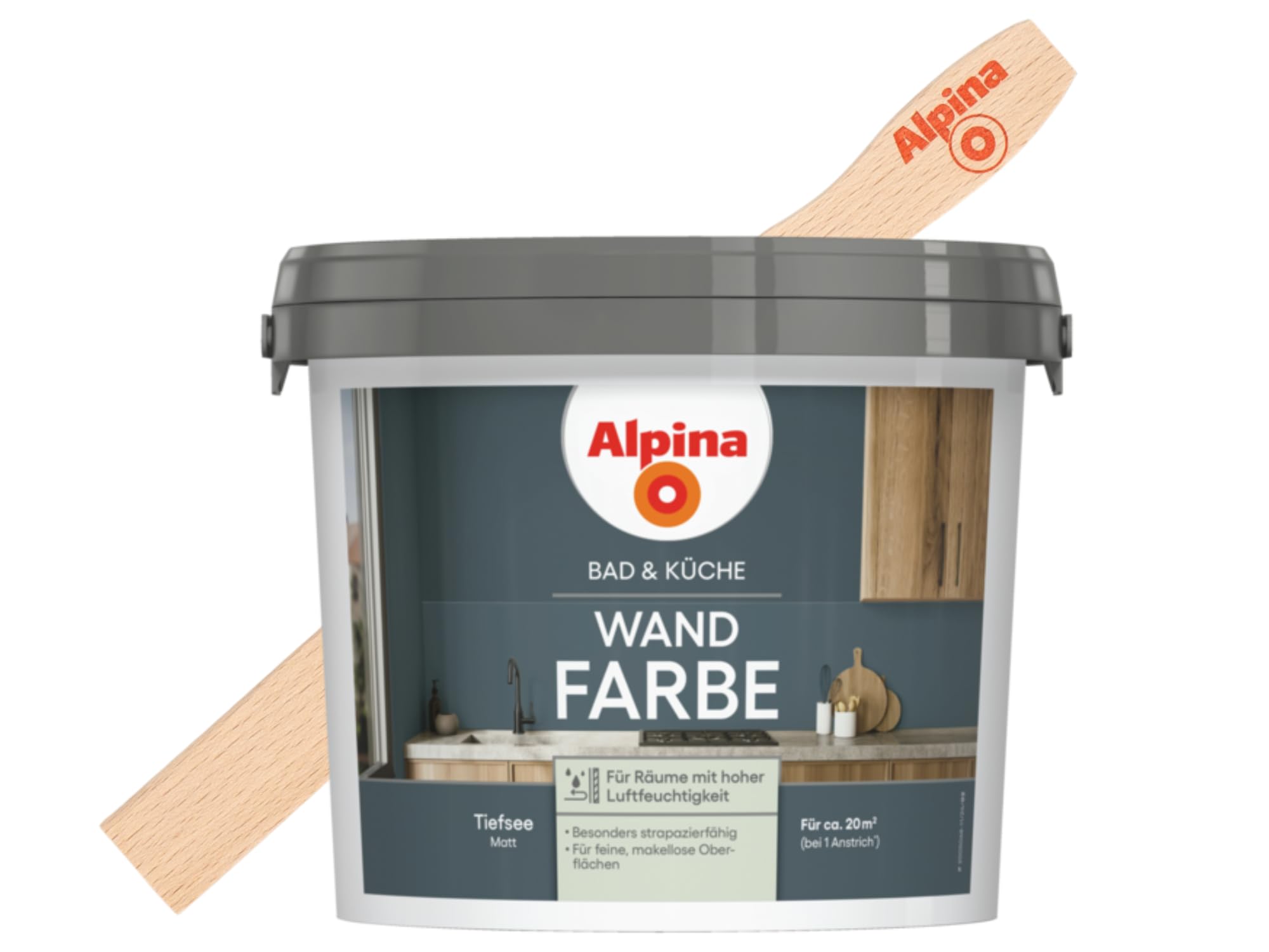 Alpina Bad & Küche Wandfarbe Tiefsee matt – inkl. Rührholz – 2,5 Liter