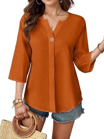 3/4 Length Sleeve Womens t Shirts v Neck Button Down Tunic Top Loose Fit Dressy Casual Blouses