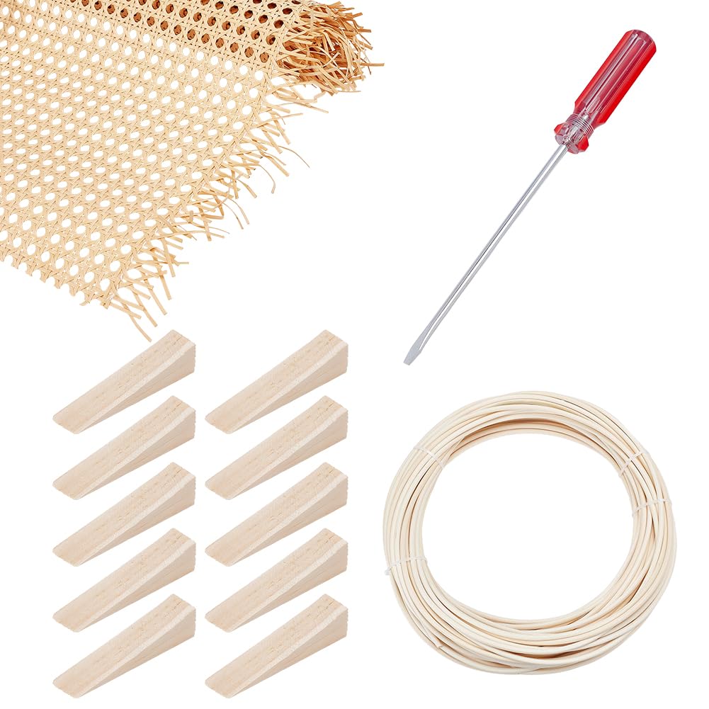 NBEADS Kit di riparazione in rattan, include una rete di rattan intrecciato da 99,1 cm, una striscia rotonda in vimini naturale da 299,7 cm, 10 cunei triangolari in legno e 1 cacciavite in acciaio per