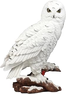 Ebros Gift Mystical White Snow Owl Bird Perching On Tree Branch Statue 12.25" Tall Nocturnal Bird Wildlife Owls Sculpture Figurine