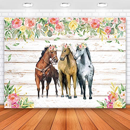 Allenjoy 7x5ft Wood Floor Horse Backdrop Green Leaf Flower Horse Backdrop for Birthday Party White Wood Horse Backdrop for Party