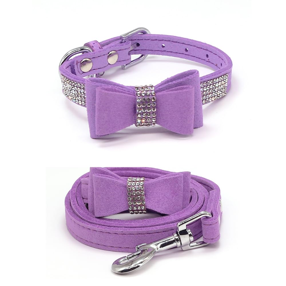 Dazzling Collar de perro con diamantes de imitación con tela suave y pajarita de cristal, collares elegantes y glamurosos para cachorros para perros pequeños con correa en morado claro, XXS