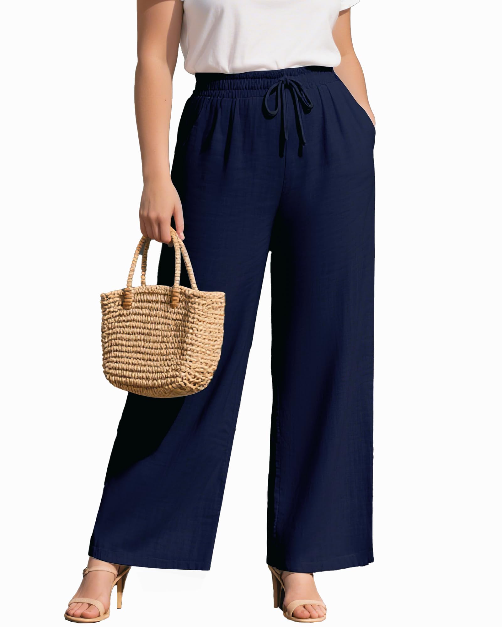 Evervibe Plus Size Linen Casual Pants for Women, Summer Lounge Wide Leg Palazzo High Waist Drawstring Pockets Trouser