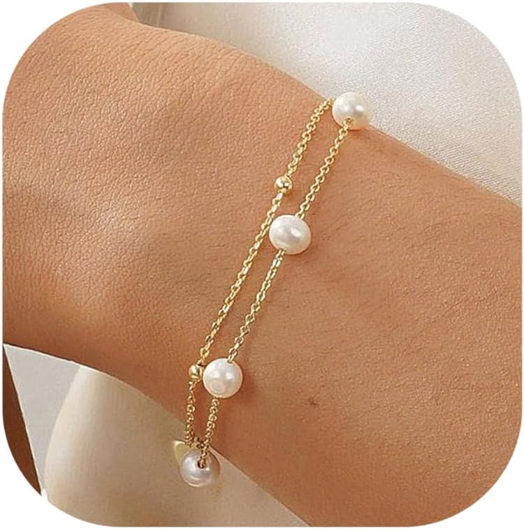 KOHOTA Silver Gold Bracelets for Women Trendy 14K Gold Plated Bracelet for Women Non Tarnish Dainty Stackable Layered Chain Heart Pearl Knot Beaded Bracelets Stack Set Charm Mothers Day Jewelry Gifts