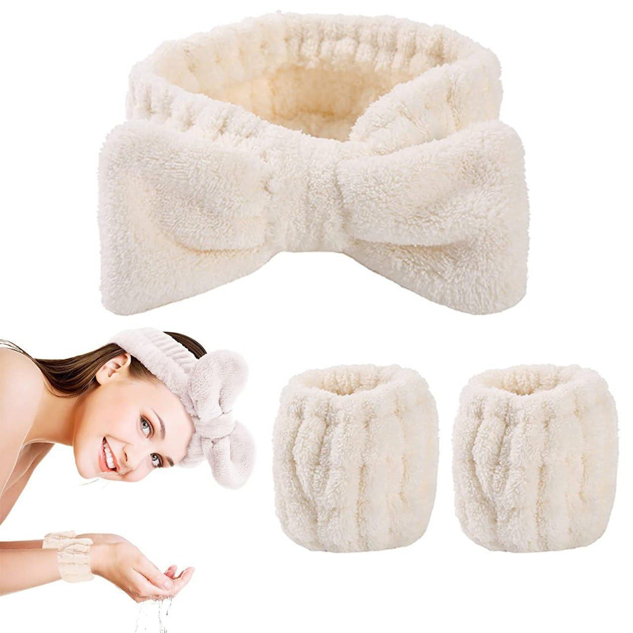 Spa Headband and Wrist Towel Set, Soft Microfibre Bow Hair Band with Wristbands, Beige, Face Wash Skincare Accessories-image-19