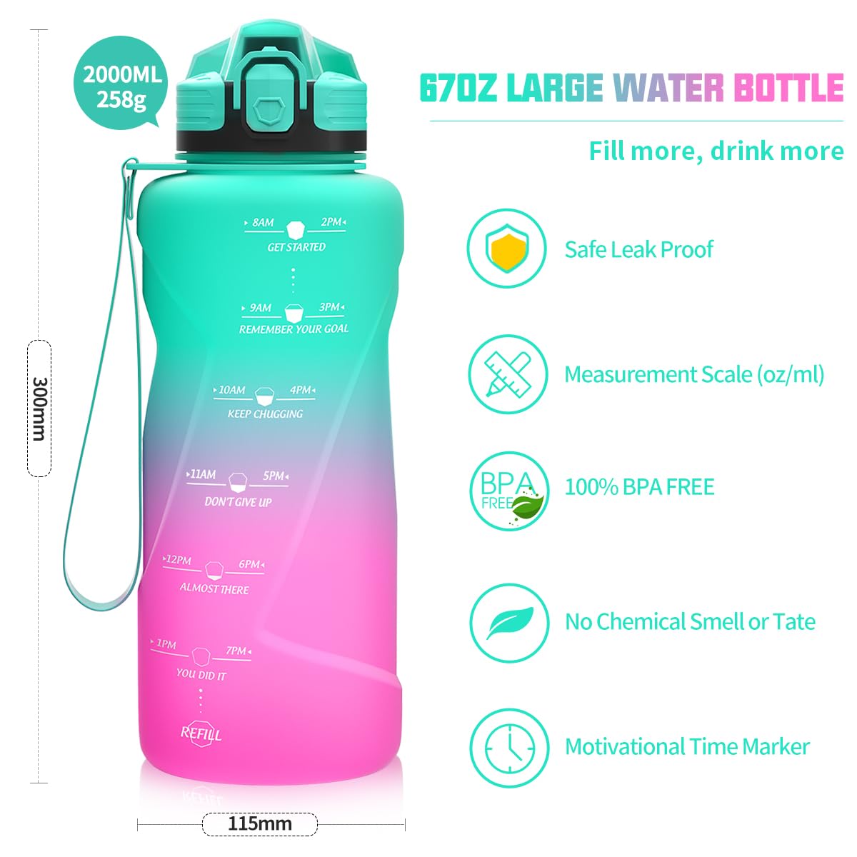 Borraccia Sportiva Motivazionale 2L - Con Indicatore Tempo E Scala, Senza BPA, Design Moderno - Foto 9