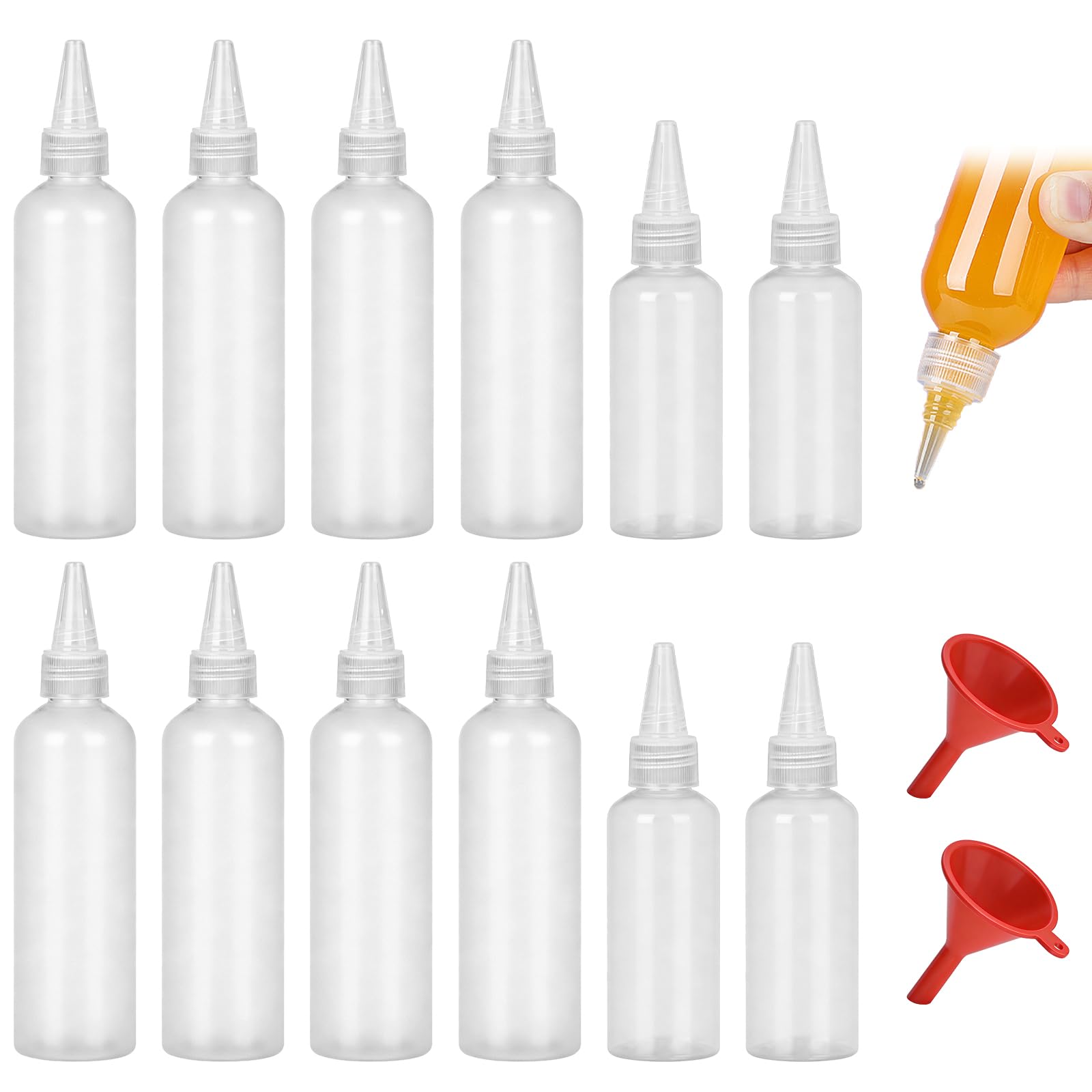 8Pcs 120ML Squeeze Sauce Bottle, 4Pcs 60ML Squeeze Condiment Bottles, Food Grade Refillable Sauce Bottles with 2Pcs Funnel for Ketchup, Sauces, Syrup, Dressings,Mayonnaise, Mustard (120ml+60ml)