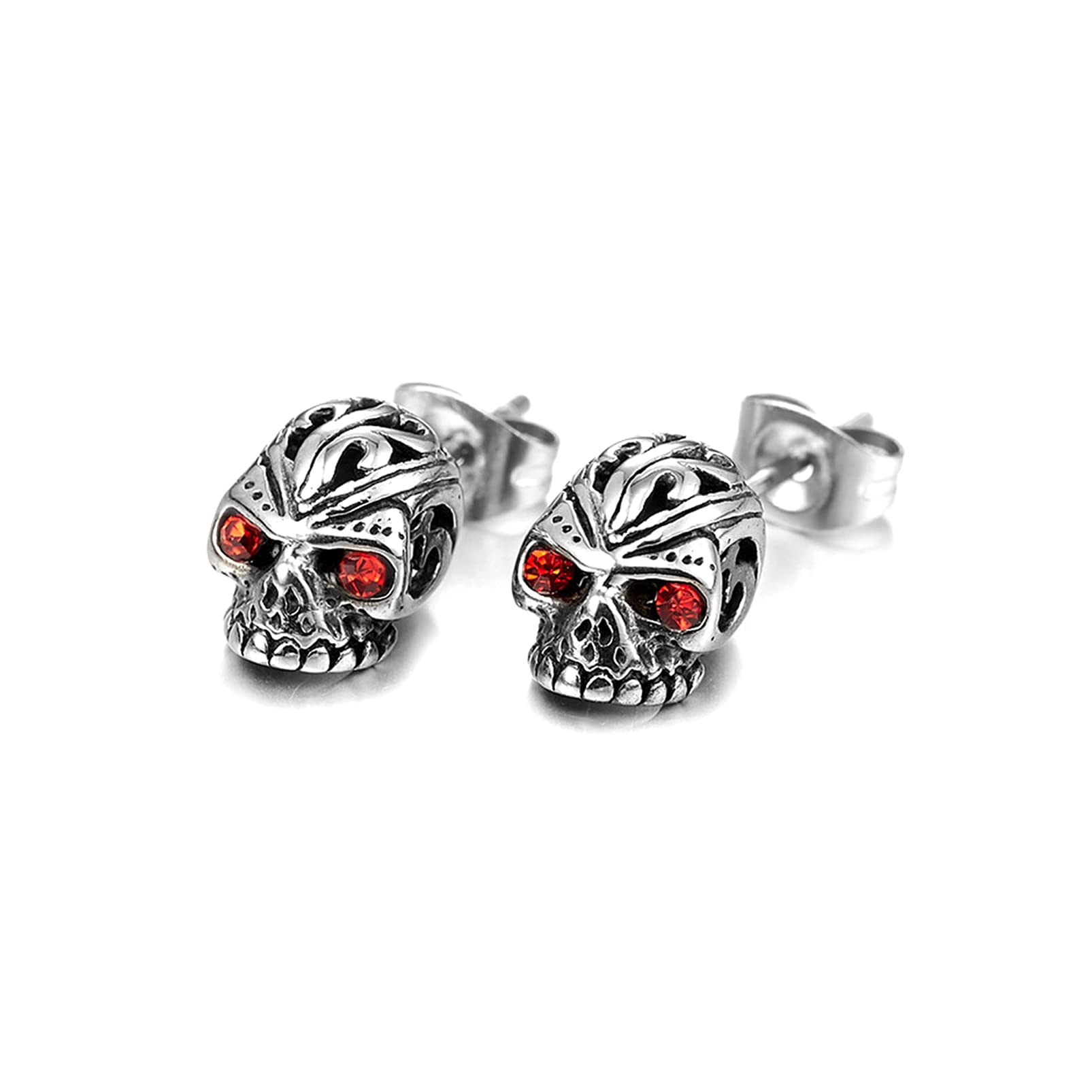 Hip Hop Titanium Steel Flower Pattern Crystal Eye Skull Stud Earrings