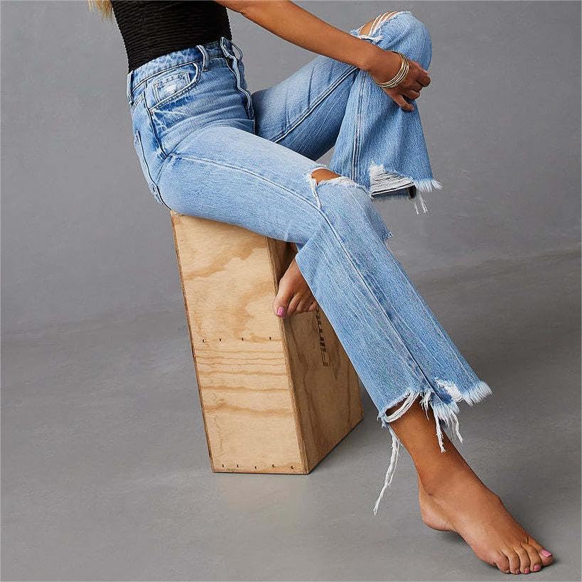 Akivide Women's Distressed Raw Hem Boyfriend Ripped Jeans High Waisted Straight Wide Leg Jean Ankle Destroyed Denim Pants4