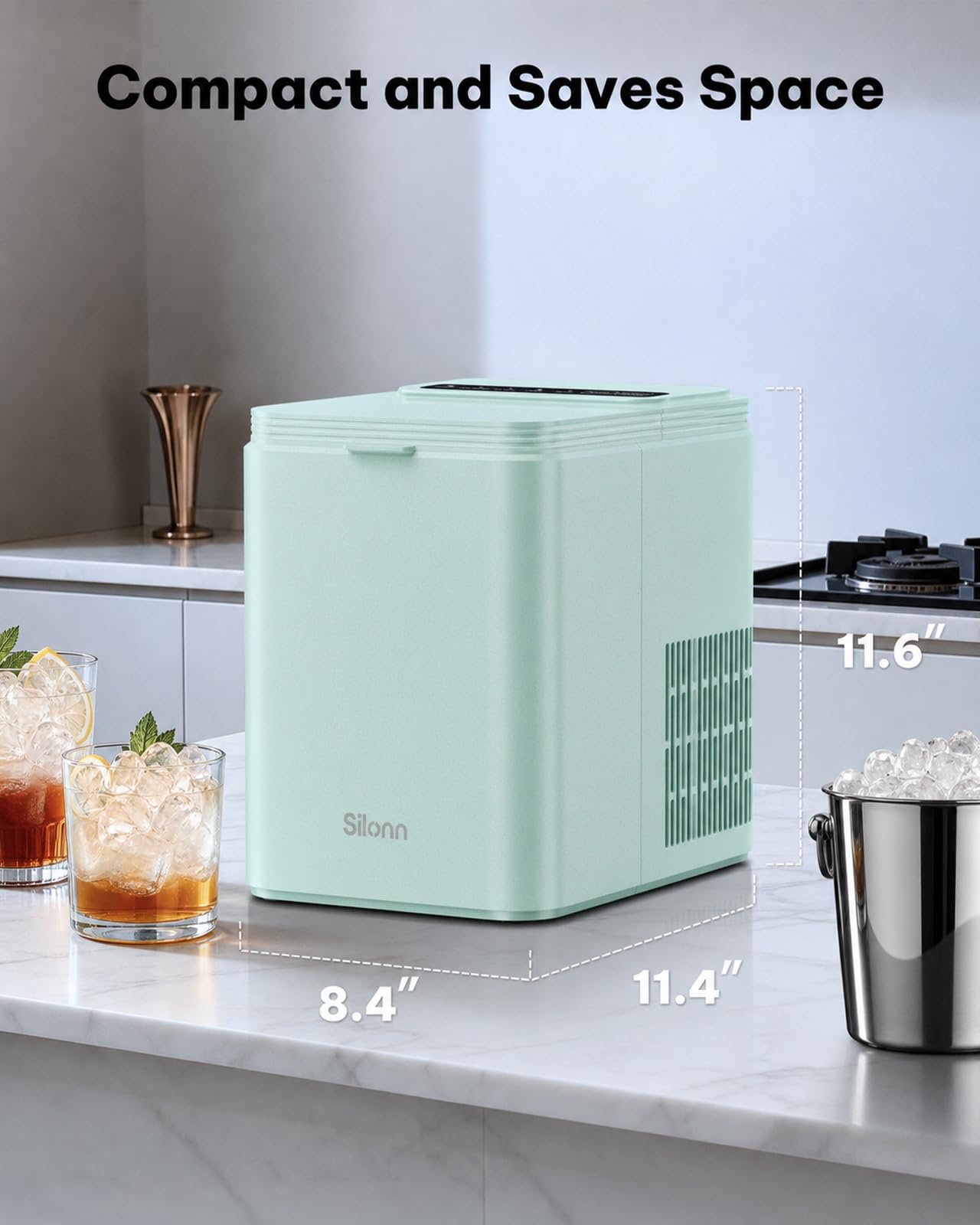 Silonn Ice Maker Countertop, 8 Ice Cubes in 6 Mins, 26.5 lbs/24H, 2 Bullet Ice Sizes, Self-Cleaning Bullet Ice Maker, Portable Ice Machine for Kitchen, Party, Office, and RV Camping view 7