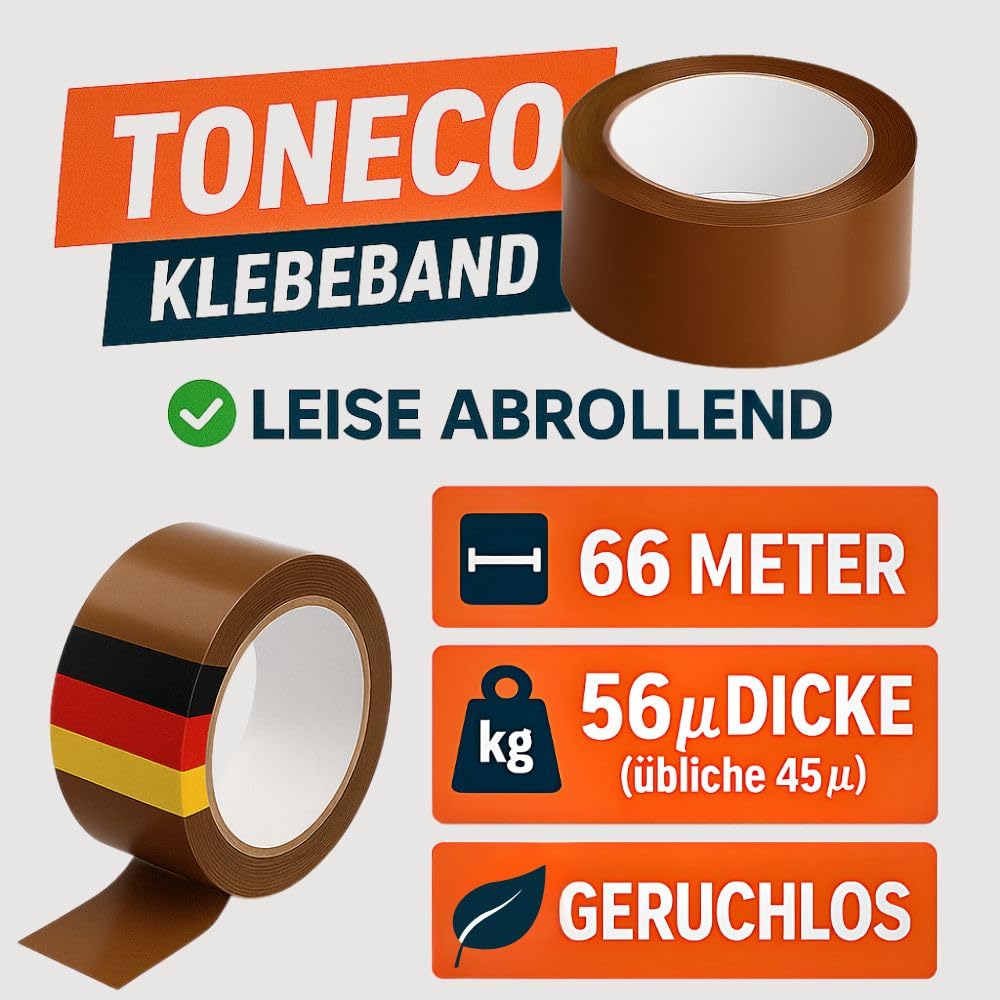 Toneco Klebeband - EXTRA STARK 56μ - LEISE ABROLLEND - Geruchlos & Geräuscharm - Paketband, Verpackungsband zum Verpacken von Paketen und Versandschachteln - BRAUN - 6 Rollen je 66 m (6) (36)