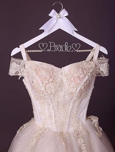 Miniatura 4 de Colgador de vestido de novia de madera maciza blanca con letras de alambre para novia, regalo de fiesta de boda (percha blanca, hilo plateado