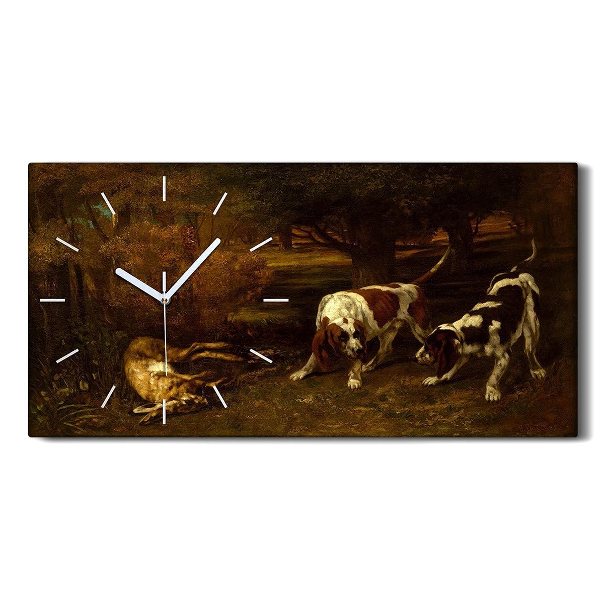 Horloge sur toile arbres forestiers animaux chiens et lapin