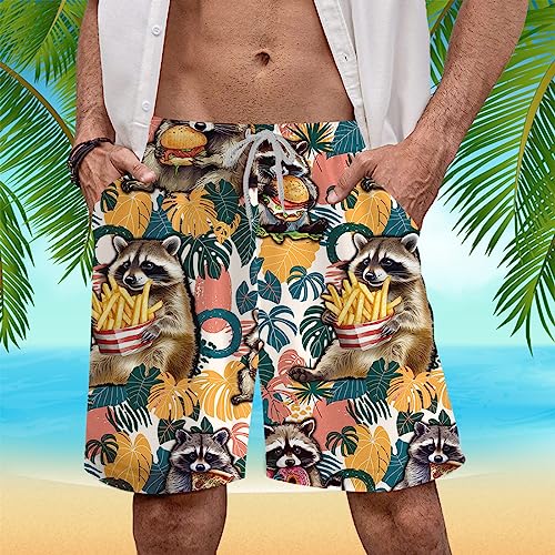 Racoon Mens Swim Trunks - Animal Hawaiian Mens Shorts - Summer Drawstring Beachwear Shorts Series 142