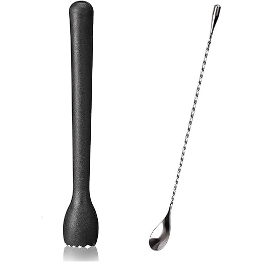 Dynore Stainless Steel Teardrop Twisted Bar Spoon with Black PVC Muddler,Tenderizer Head for Cocktails and Mocktails- Set of 2
