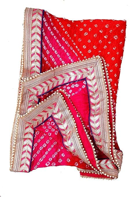 Women's Silk Jaipuri Rajasthani Bandhani Bandhej Heavy Dupatta with Gota Work and Latkan (Orange and Pink)3