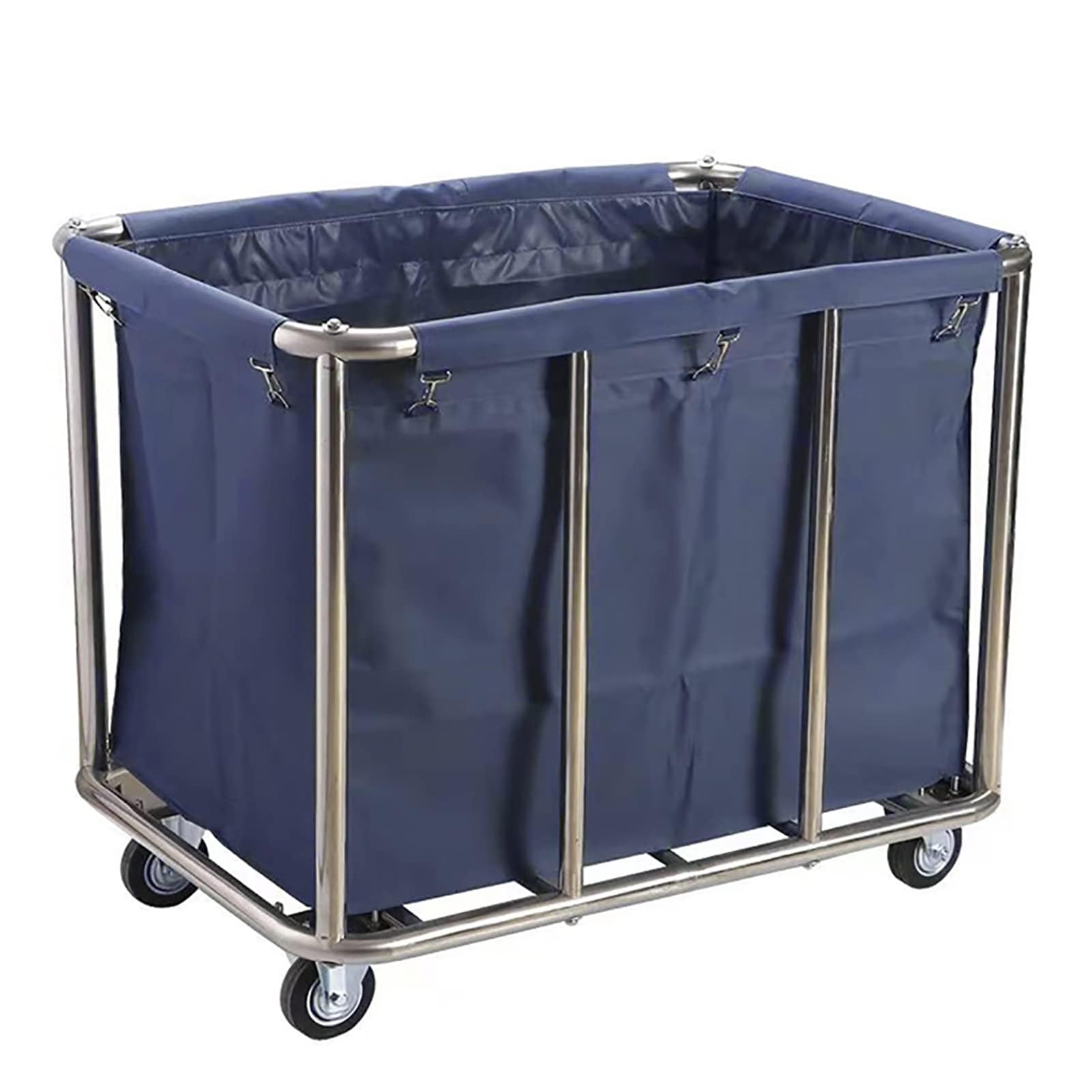 JYBNBBE Heavy Duty Laundry Trolley Cart with Removable Canvas Lining, Stainless Steel Hamper and Wheels for Home or Hotel Housekeeping,Blue-8 tubes