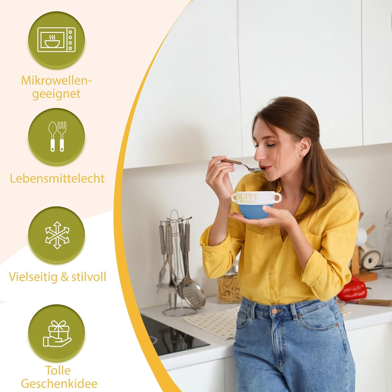 Riya 6er Set Suppentasse Blau aus Keramik Ø 13 cm mit Henkel – Hochwertige Suppenschale, Hitzebeständig und Leicht – Perfekt für Suppe, Eintöpfe & heiße Getränke – Stapelbar und Spülmaschinenfest