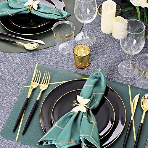150Pcs Black Plastic Plates, Black And Gold Plastic Plates,Gold Plastic Silverware,Black And Gold Dinnerware Set,Premiun Plastic Taleware,Perfect For Birthday,Party,Wedding #TOP4