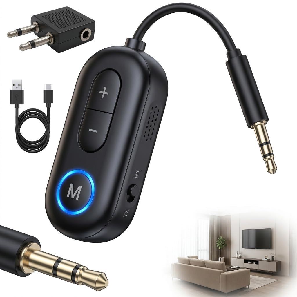 2 in 1 Airplane Bluetooth 5.4 Transmitter Receiver, Wireless Aux Adapter 3.5mm Dual Connection Mini Wireless Car Transmitter Receivers for Airplane Home Car Headphones TV Gym Speakers