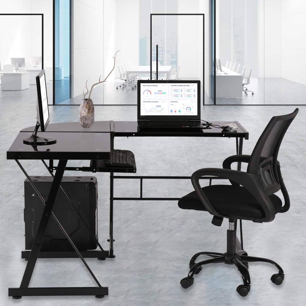 Buy Office Gaming Corner Desk with Keyboard Tray and CPU Stand,Glass L