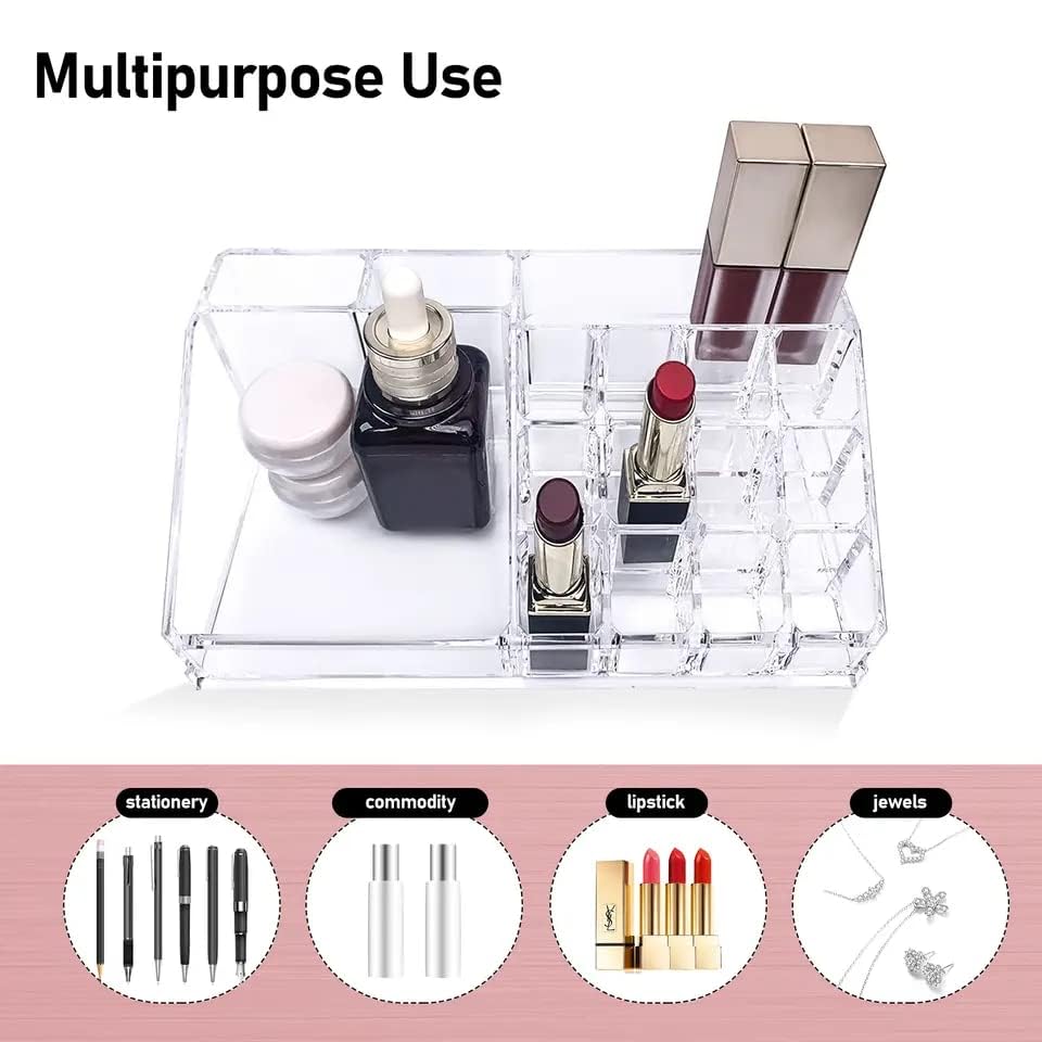 Image of SKDBPM KDR Plastic Cosmetic Shelf Stand Case Grid Squares Lipstick Holder Showcase Stand Organizer Makeup Storage Box (Transparent) (16 LIPSTICK HOLDER)