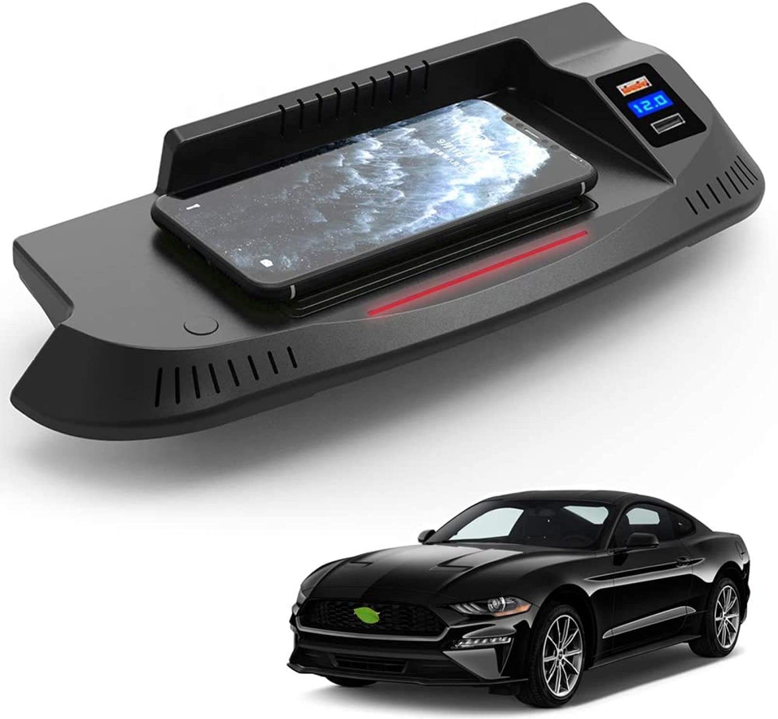 XLARSH Wireless Car Charger for f-or d Mustang 2015 2016 2017 2018 2019 2020 2021 Center Console Accessory Panel with QC3.0 USB Port 15W Qi MAX Fast Wireless Charging Pad for All Qi Phone