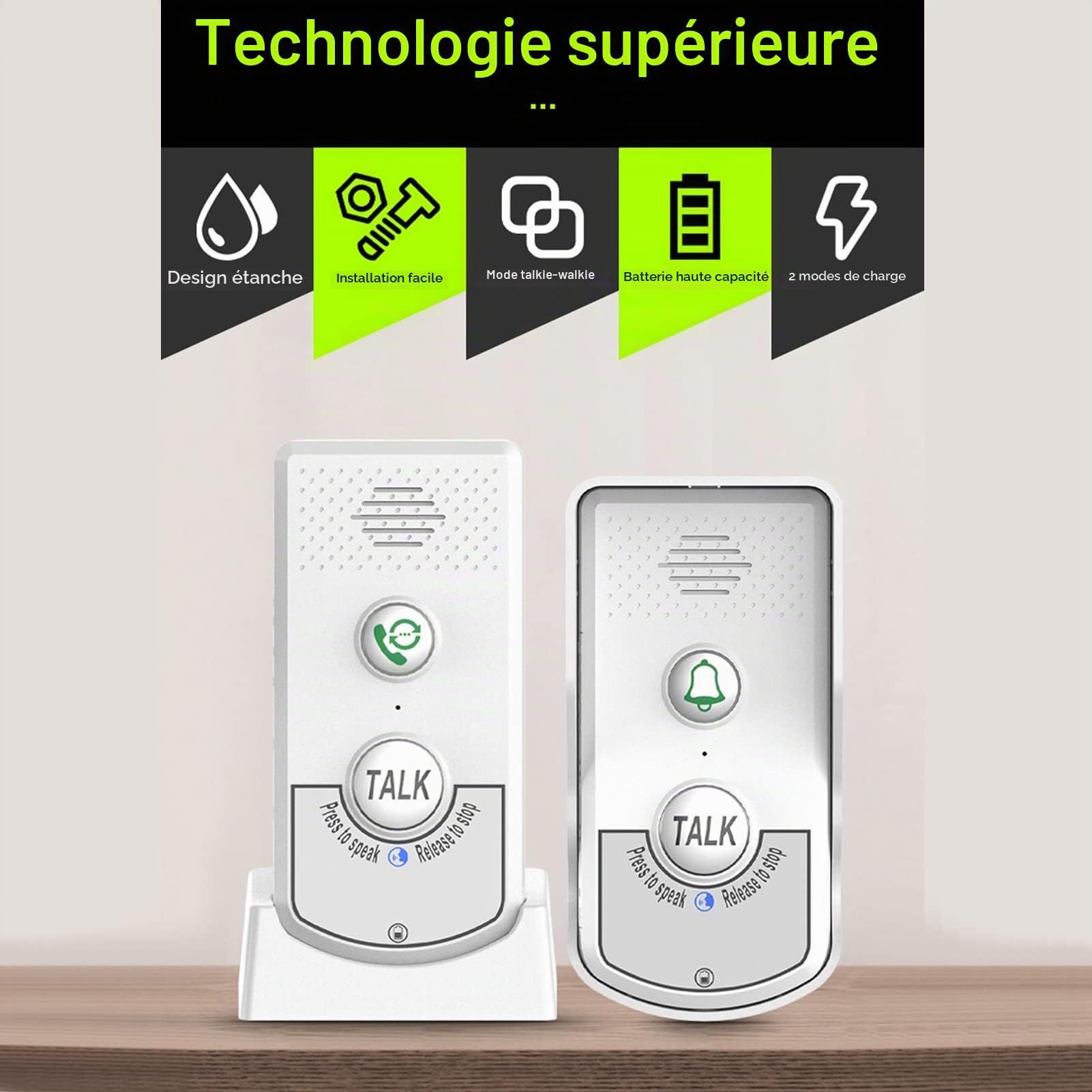 Sonnette D'interphone sans Fil, Carillon de Sonnette électronique, 2 Voies 1 V 1 Sonnettes D'interphone étanches sans Fil avec Indicateur Lumineux