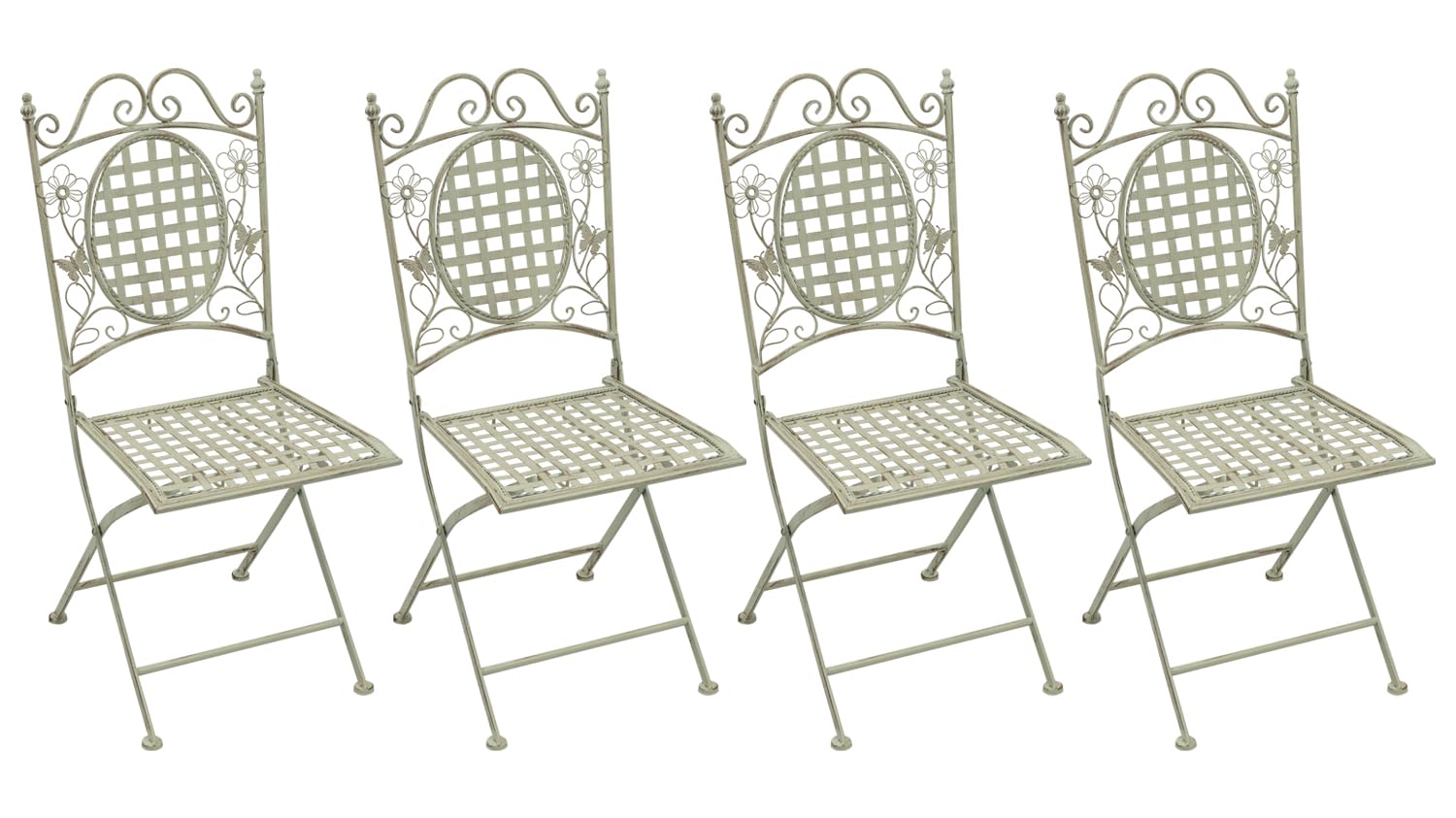 White Square Metal Floral Designed Folding Outdoor Garden Patio Chairs X 4