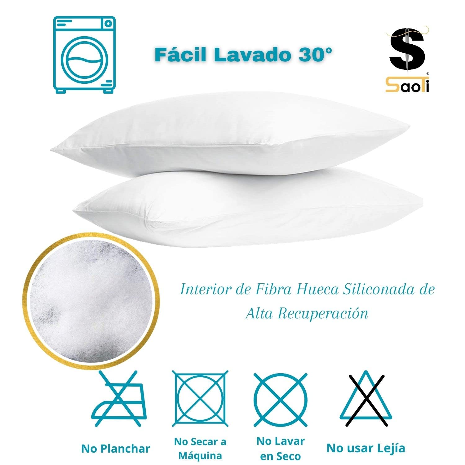 SaoTi - Cuscino in fibra cava siliconata ad alto recupero, confezione da 1/2/4/6 unità, indeformabile, anallergico, lavabile, soffice, morbido al tatto, prodotto in Spagna (40_x_80_cm, 6)