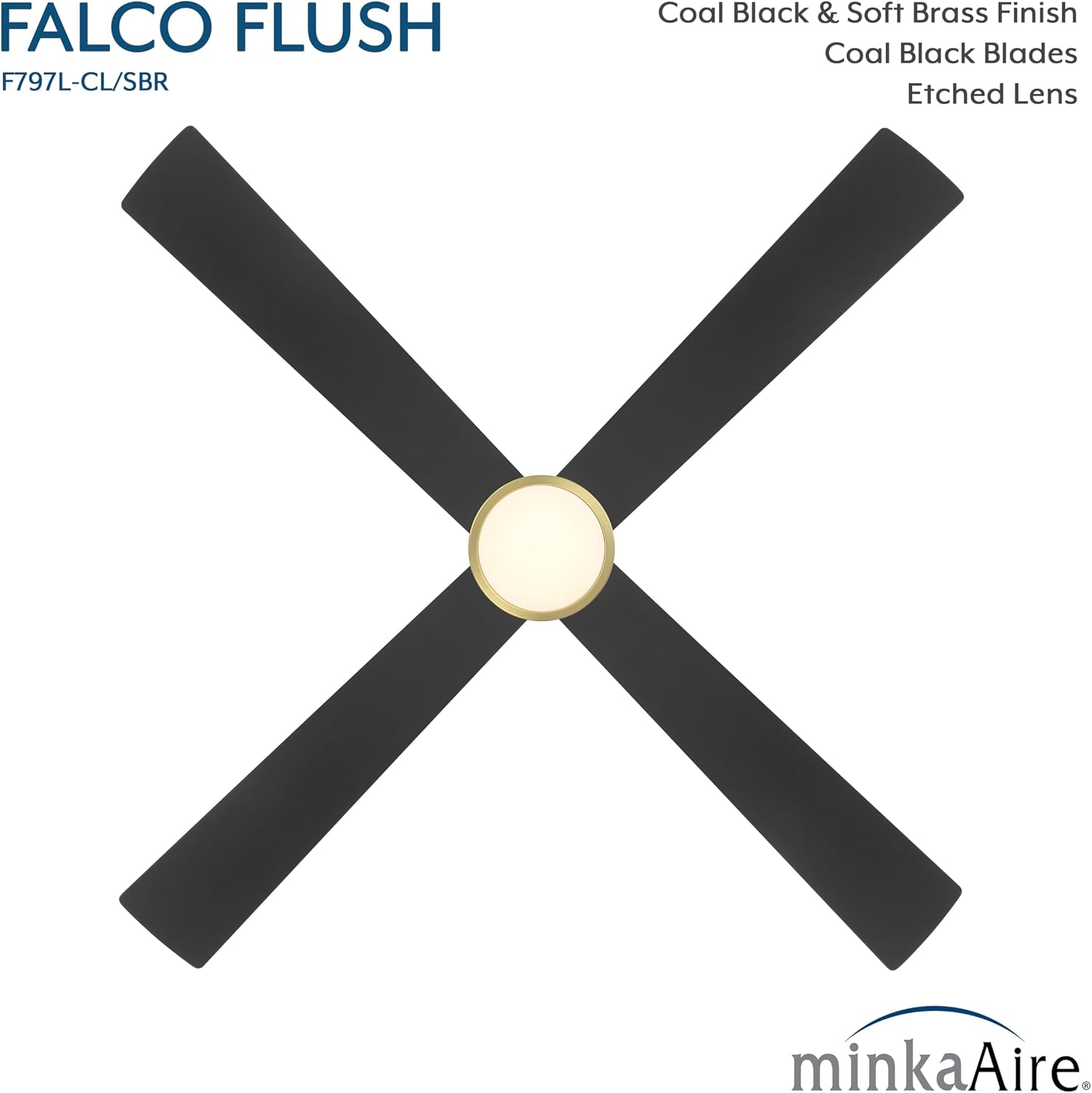 MINKA-AIRE F797L-CL/SBR Falco 54" 4-Blade LED Flush Mount Ceiling Fan - Coal and Soft Brass Finish with Etched Lens