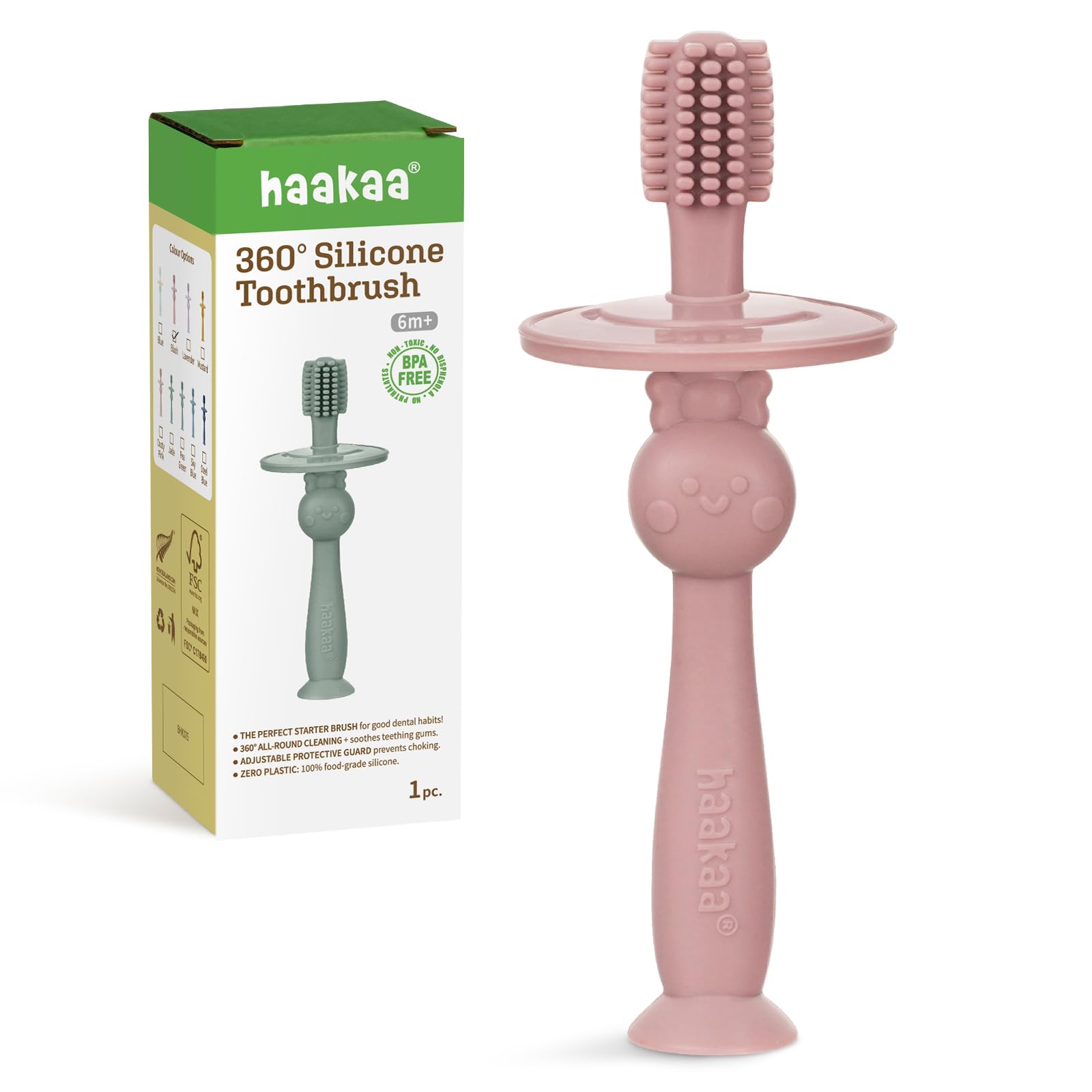 Haakaa Spazzolino Da Denti Per Bambini A 360° Con Base A Ventosa, Pulizia Delicata Per L'allenamento Autopulente Dei Bambini, Silicone Alimentare, Scudo Di Sicurezza Regolabile, Fard (1 Pezzo)-image