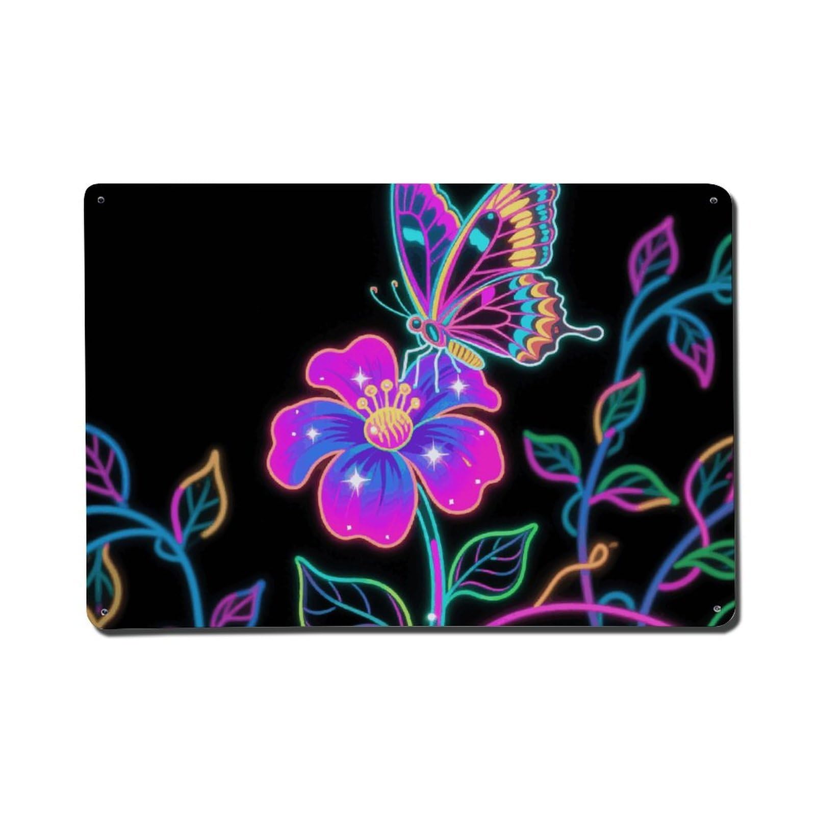 Décoration murale papillon néon plaque métal vintage prête à poser