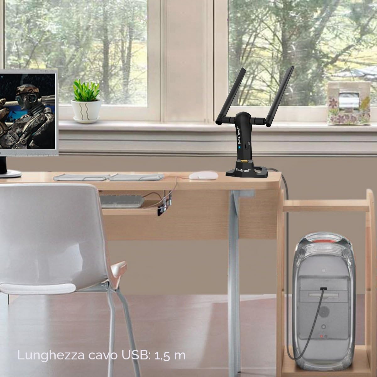 BrosTrend USB Adattatore a Lunga Portata 1200Mbps, Dual Band 5 GHz 867 Mbps 2,4 GHz 300 Mbps, Chiavetta Wireless per PC Desktop e Laptop con Windows 11/10/8.1/8/7, 2 Antenne WiFi 5dBi