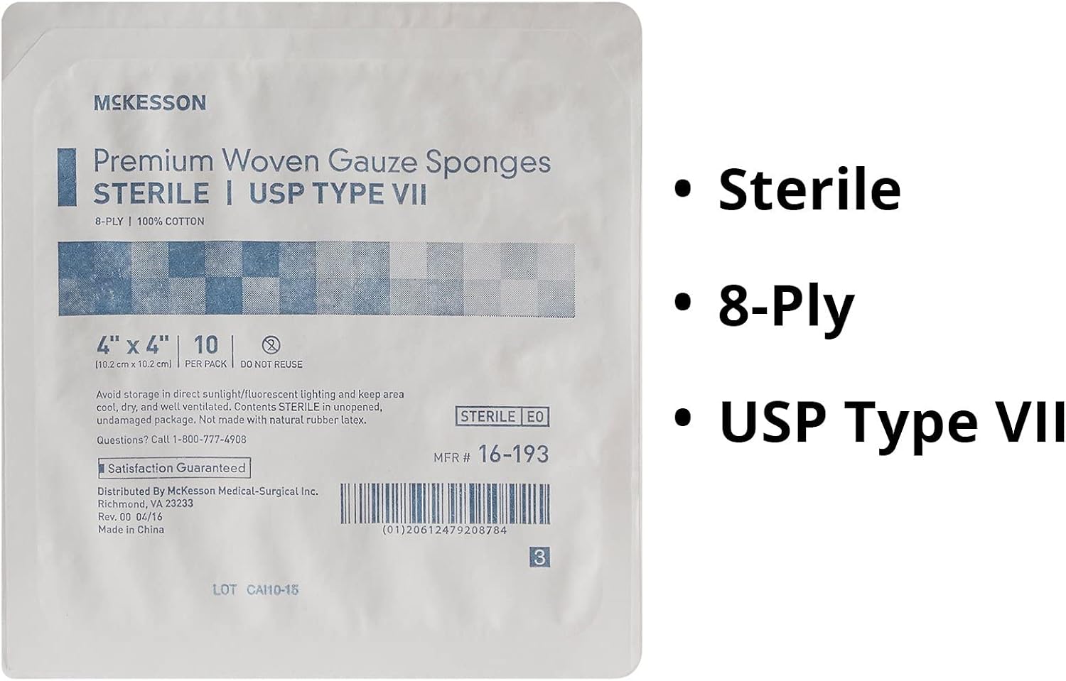 McKesson 8-Ply Sterile Premium Woven Gauze Sponges - Cotton Squares for Wound Dressing, Cleaning, Prepping, or Packing - 4 x 4 inches, 10 per Pack, 128 Packs, 1280 Total