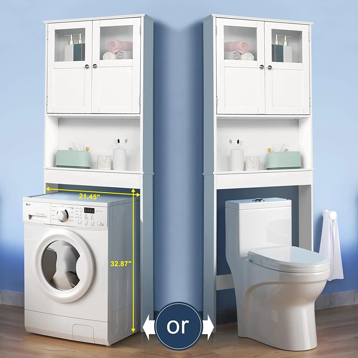 LEADZM Meuble de WC avec étagère réglable et Placard à 2 Portes Verre | Blanc