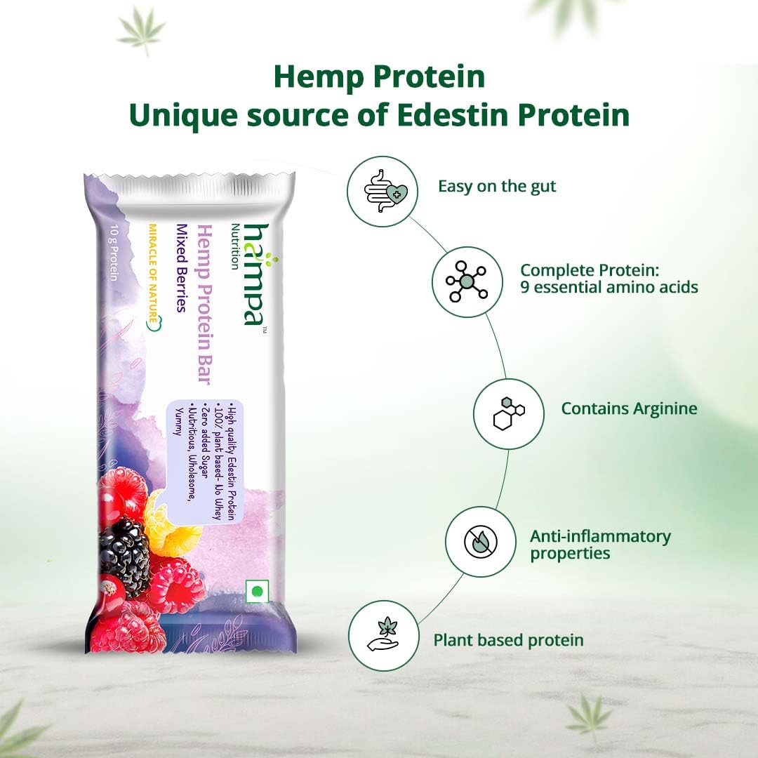Hampa Ganja Protein Bar 50 G | Mixed berries taste | 10G plant protein | No whey, vegetarian friendly. No pair of sugar, sweet with dates. Snack anytime with adesteine protein. Pack of 3 Hampa Ganja Protein Bar 50 G | Mixed berries taste | 10G plant protein | No whey, vegetarian friendly. No pair of sugar, sweet with dates. Snack anytime with adesteine protein. Pack of 3