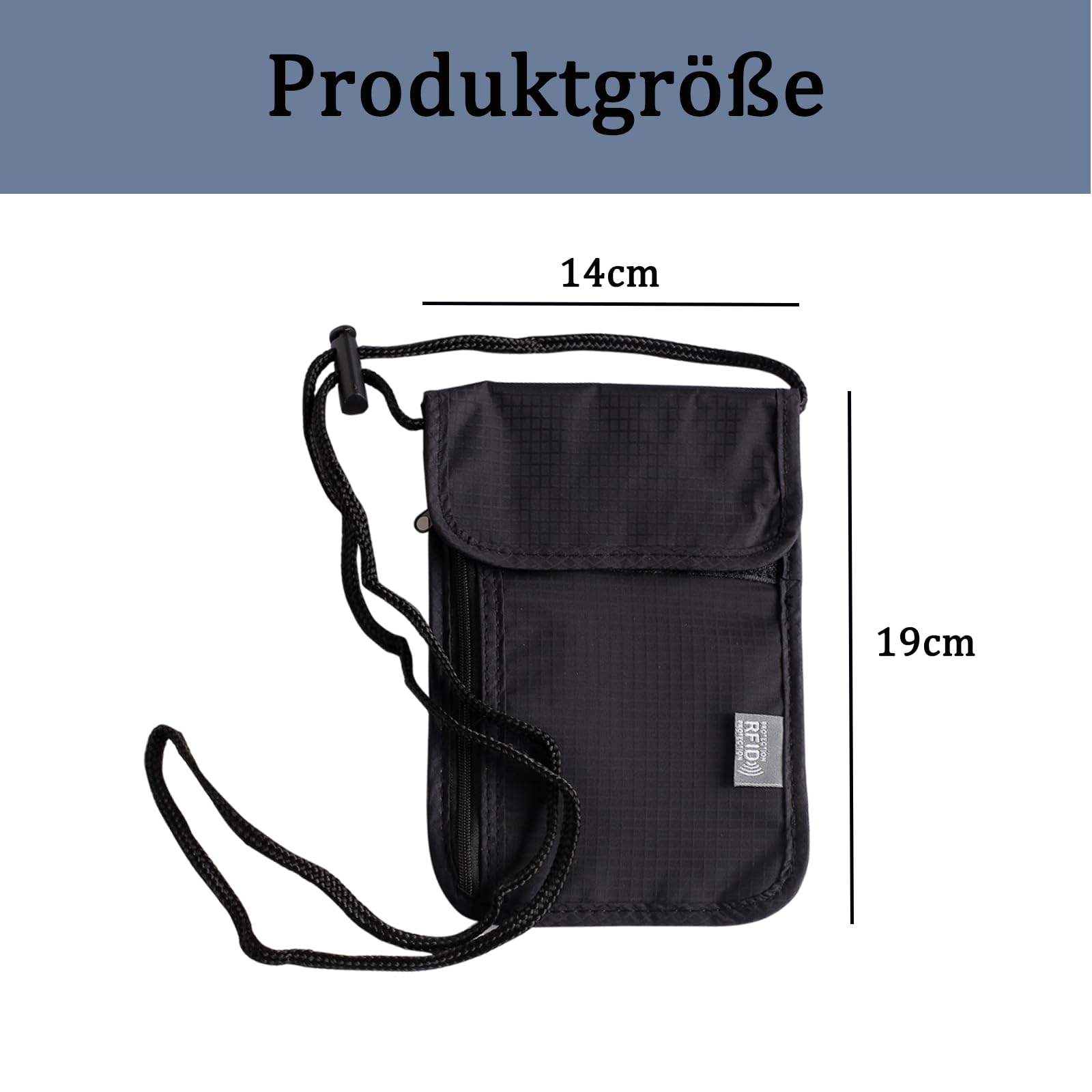 Torebka na piersi z ochroną RFID, antykradzieżowa, uniseks, torba podróżna, na paszport, karty kredytowe, monety i akcesoria podróżne (czarna), czarny, NO