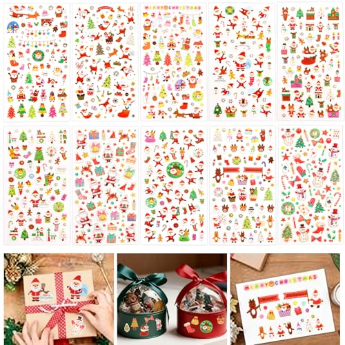 LOMIMOS 10 Feuilles Gommettes Autocollant Noël, Stickers à Paillettes Noël Etiquettes des Cadeaux Autocollant Emballage Cadeau pour Décoration Scrapbooking Loisirs...