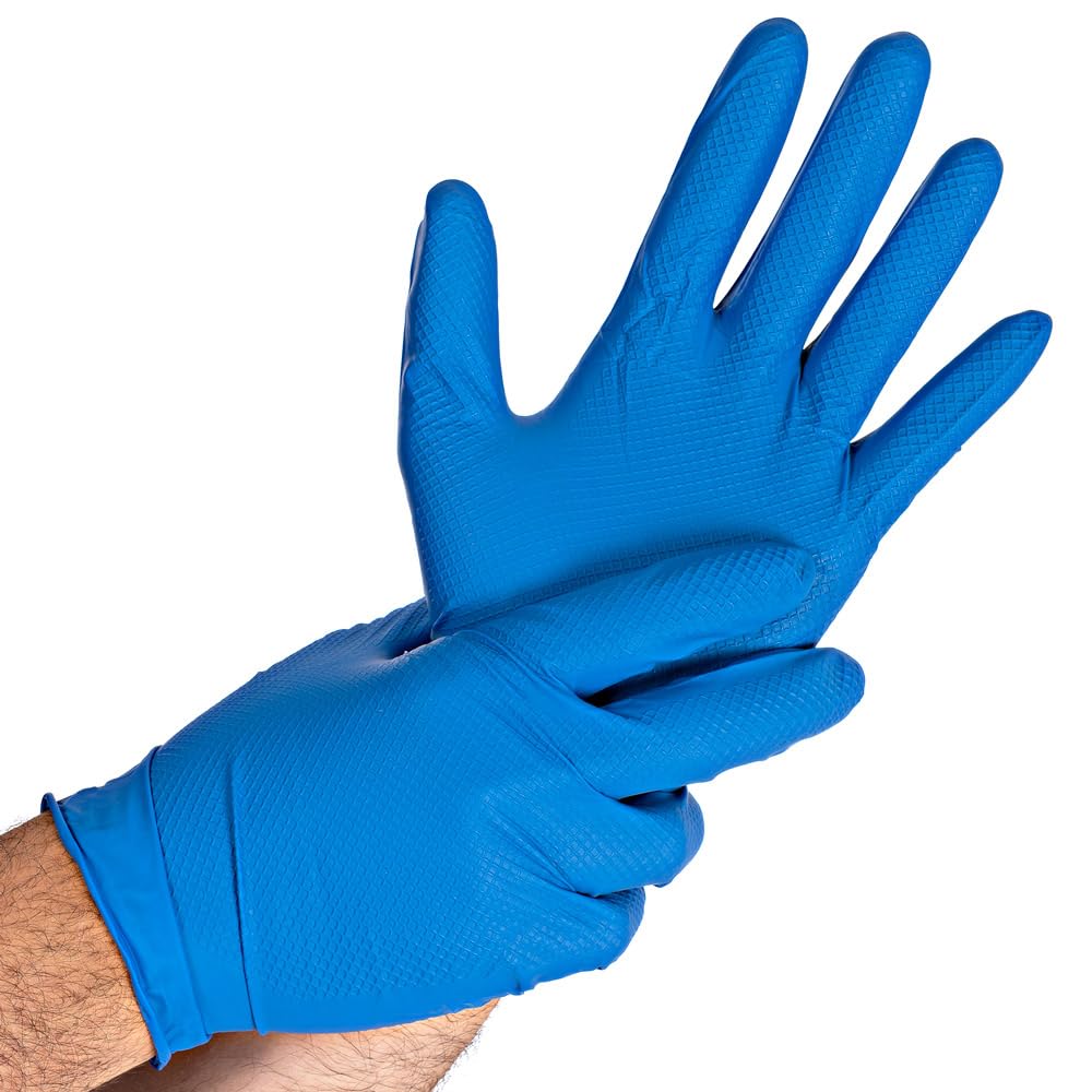 FRANZ MENSCH 500 Stück Hygostar Nitrilhandschuhe Power Grip | puderfrei, Karton, blau, 10/XL, L: 24cm, Einweghandschuhe, Mechaniker, Latexfrei, Fischschuppen-Struktur
