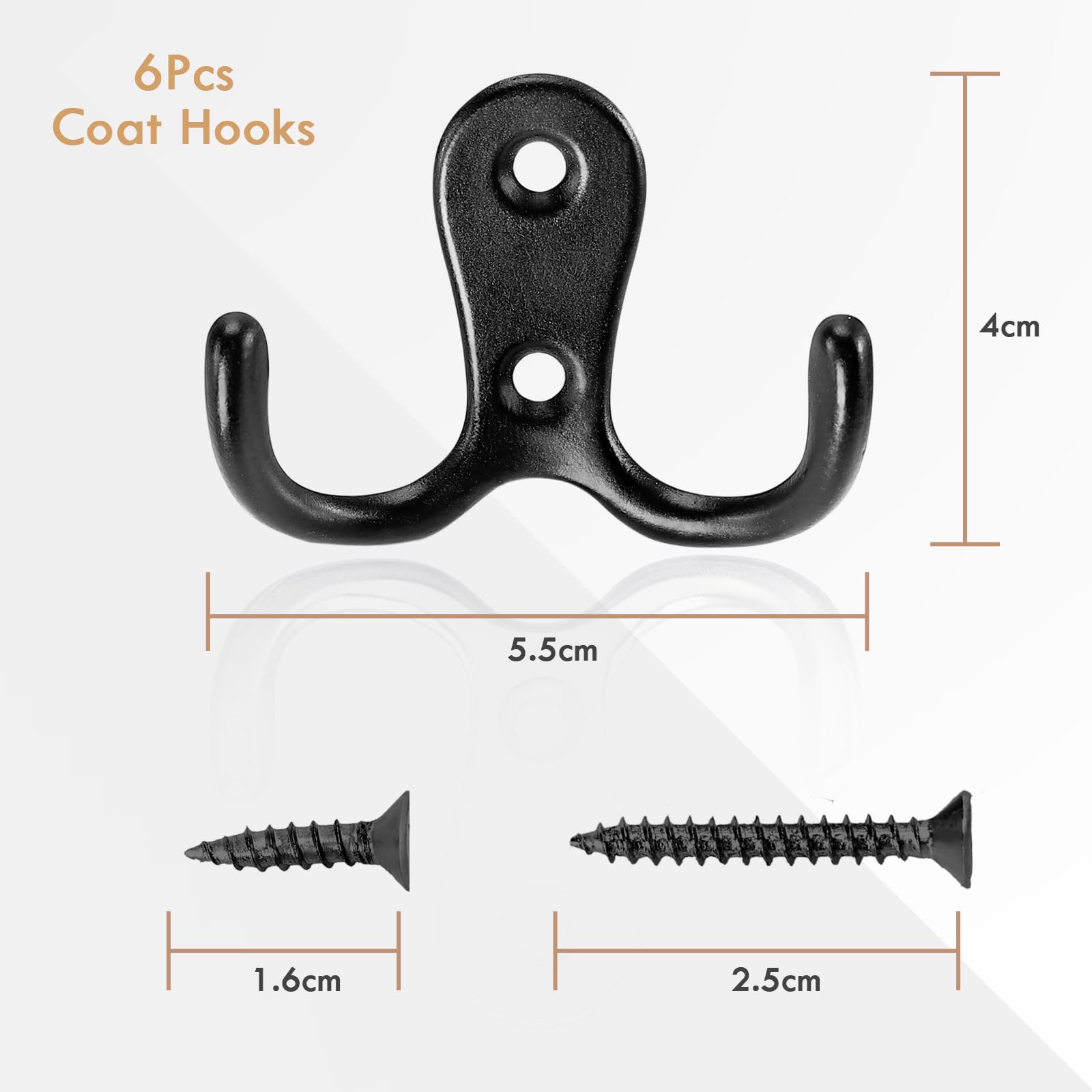 Gorffy Door Hooks 6PCS, Retro Black Double Heavy Duty Metal Coat Hook with 24 Screws for Hanging Robe, Towel, Coat - Image 2