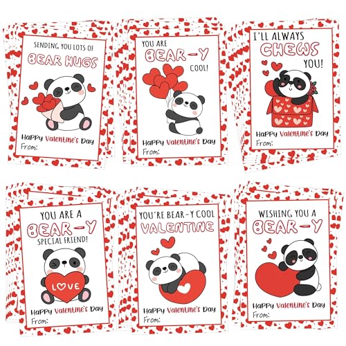 rorusio 30 Panda Valentines Cards for Classroom Exchange, Funny Valentines Day Cards Greeting Cards Bulk, Valentines Candy Gift Tags, Valentines Day Classroom Gifts for School Class Party Favors