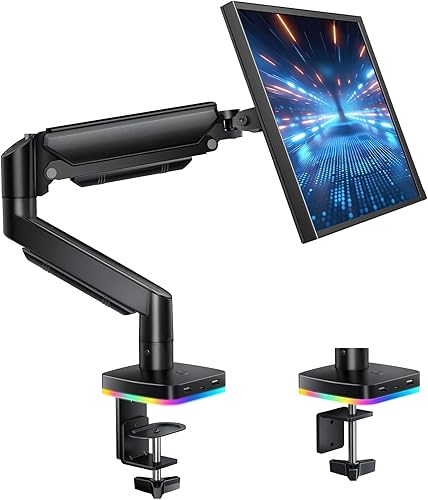 Soporte de monitor único RGB, brazo de monitor de resorte de gas con 3 puertos USB, función de carga y transferencia de datos USB, soporte de