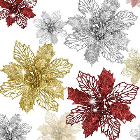 15Pcs Artificial Christmas Flowers Glitter Artificial Poinsettia Silver Gold Red Christmas Tree Ornament Flowers New Year Xmas Party Decorations Cover
