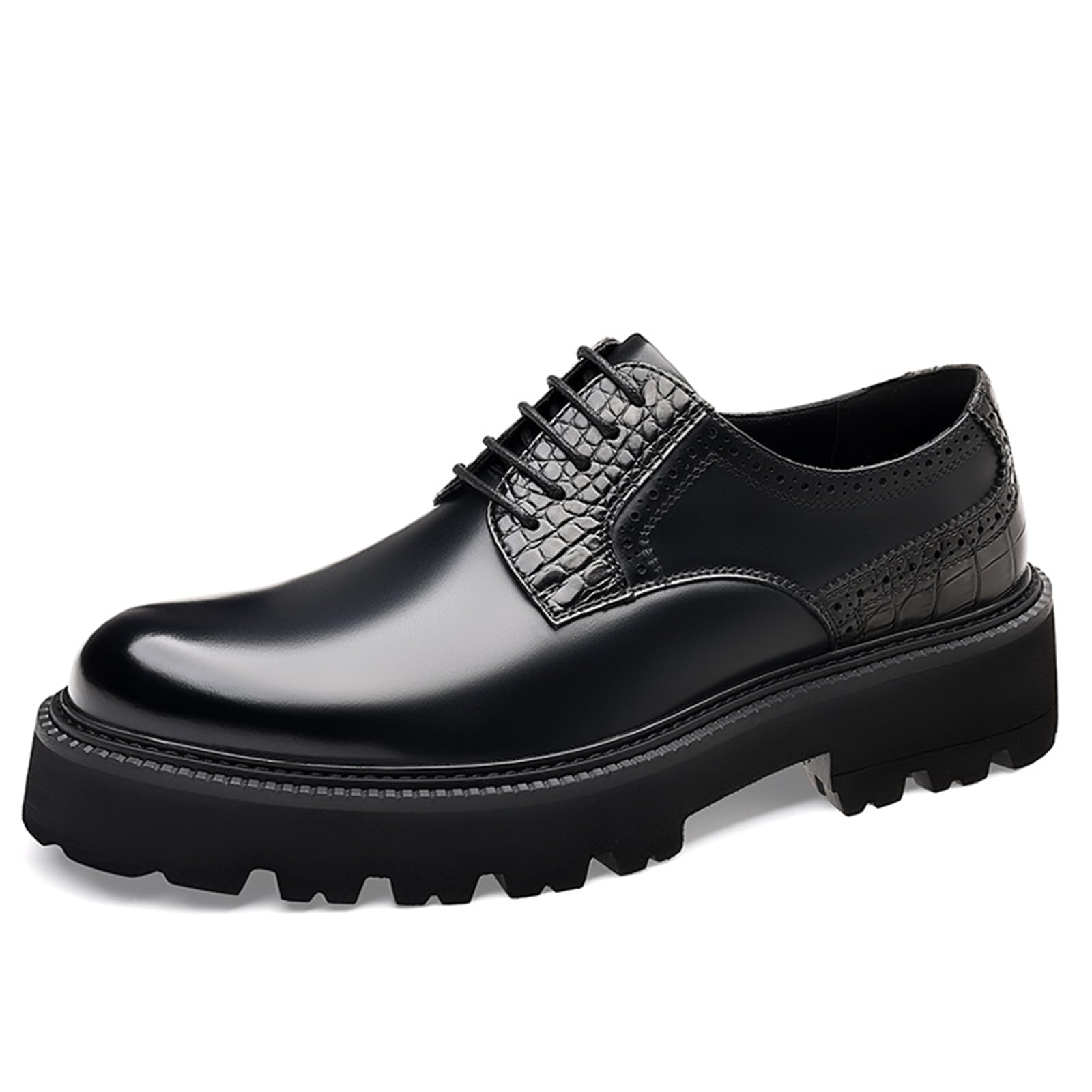 Mocasines de piel auténtica con plataforma Oxford para hombre, con punta de ala, gruesos, antideslizantes, para el trabajo, informales, para vestir, zapatos Derby, negro 1, 41 1/3 EU